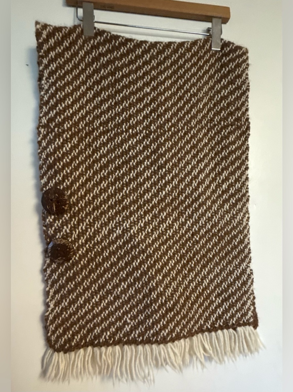 Hand Loomed and Handmade Alpaca Off-Shoulder Shawl with Fringe and Buttons